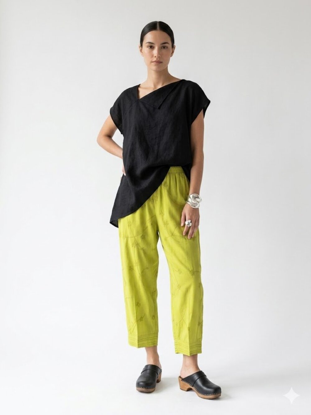 Froxx Embroidered Lime Green Cupro Blend Crop Pants Made in USA Lagenlook